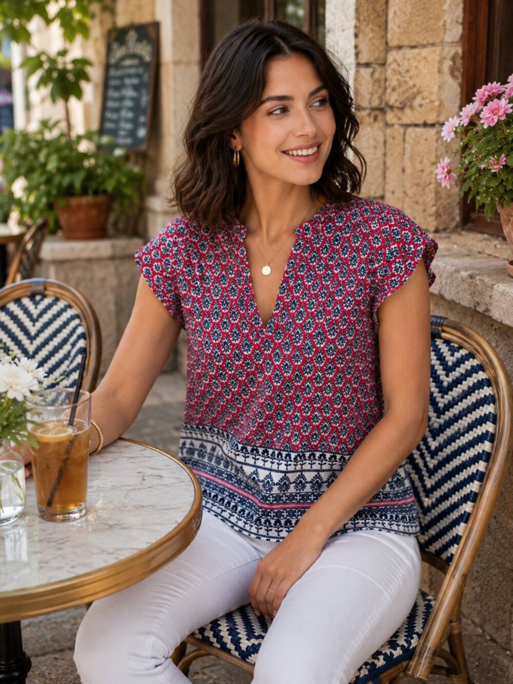 Banana Republic Red Navy Medallion Print Split Neck Blouse XS